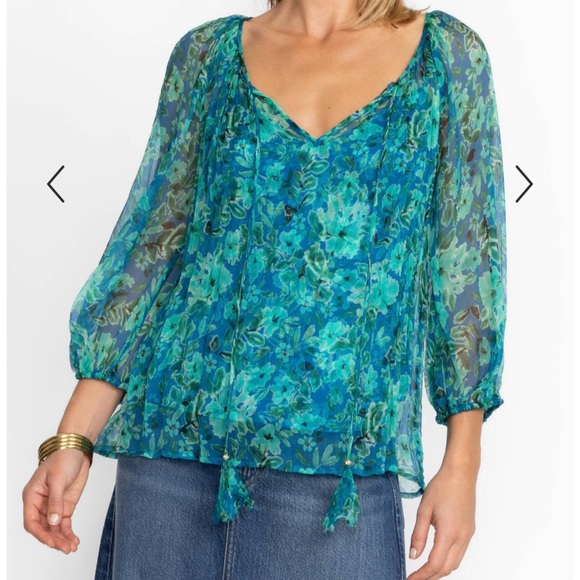 Johnny Was Sheer Blue Green 3/4 Sleeve Blouse - Picture 4 of 16
